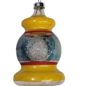 Yellow‎ Railroad Lantern Double Diamond Indent Christmas Ornament Clear Glass